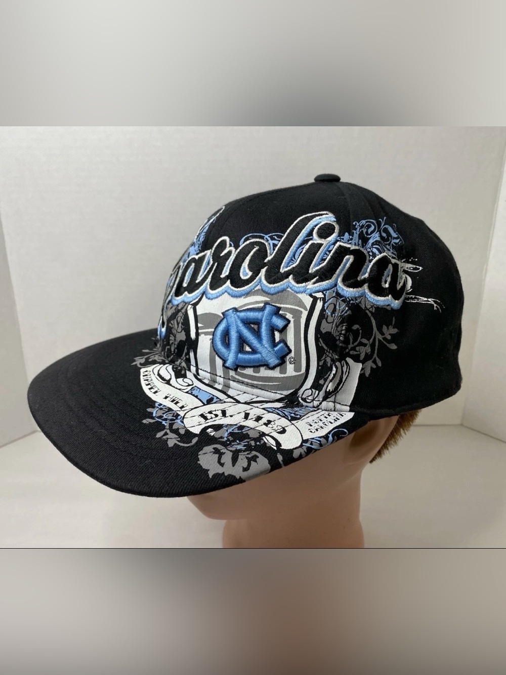 Vintage North Carolina UNC Tar Heels AOP Logo Hat Cap FLEX M/L Top Of The World